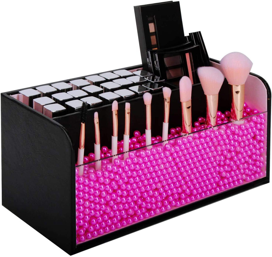 Leather Makeup Brush Cosmetic Organiser Storage Box with Pink Pearls, Acrylic Cover and 3 Compartments(Black)-Health &amp; Beauty &gt; Cosmetic Storage-PEROZ Accessories