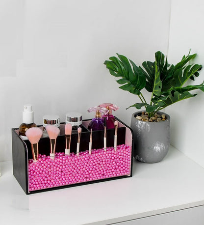 Leather Makeup Brush Cosmetic Organiser Storage Box with Pink Pearls, Acrylic Cover and 3 Compartments(Black)-Health &amp; Beauty &gt; Cosmetic Storage-PEROZ Accessories
