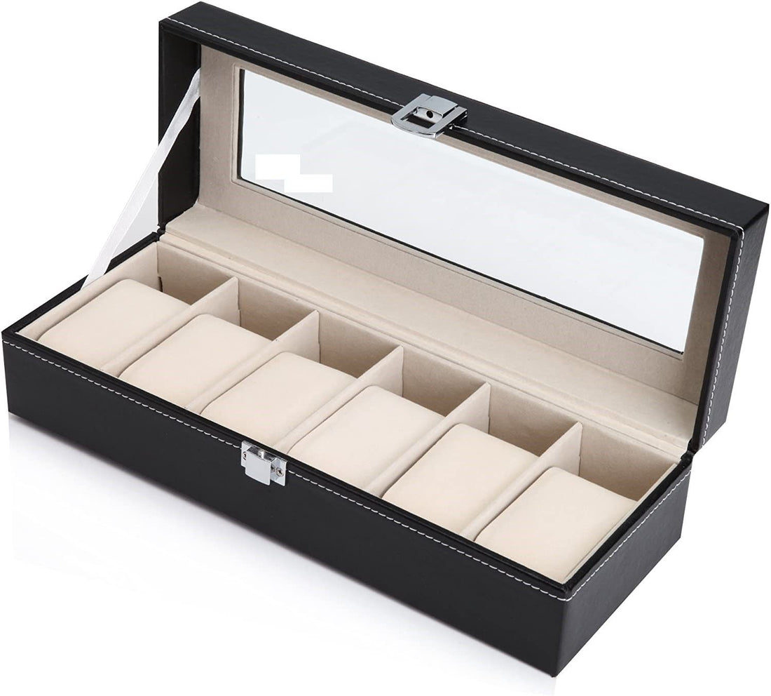 Black PU Leather Watch Organizer Display Storage Box Cases for Men &amp; Women (6 slots)-Watch Accessories-PEROZ Accessories