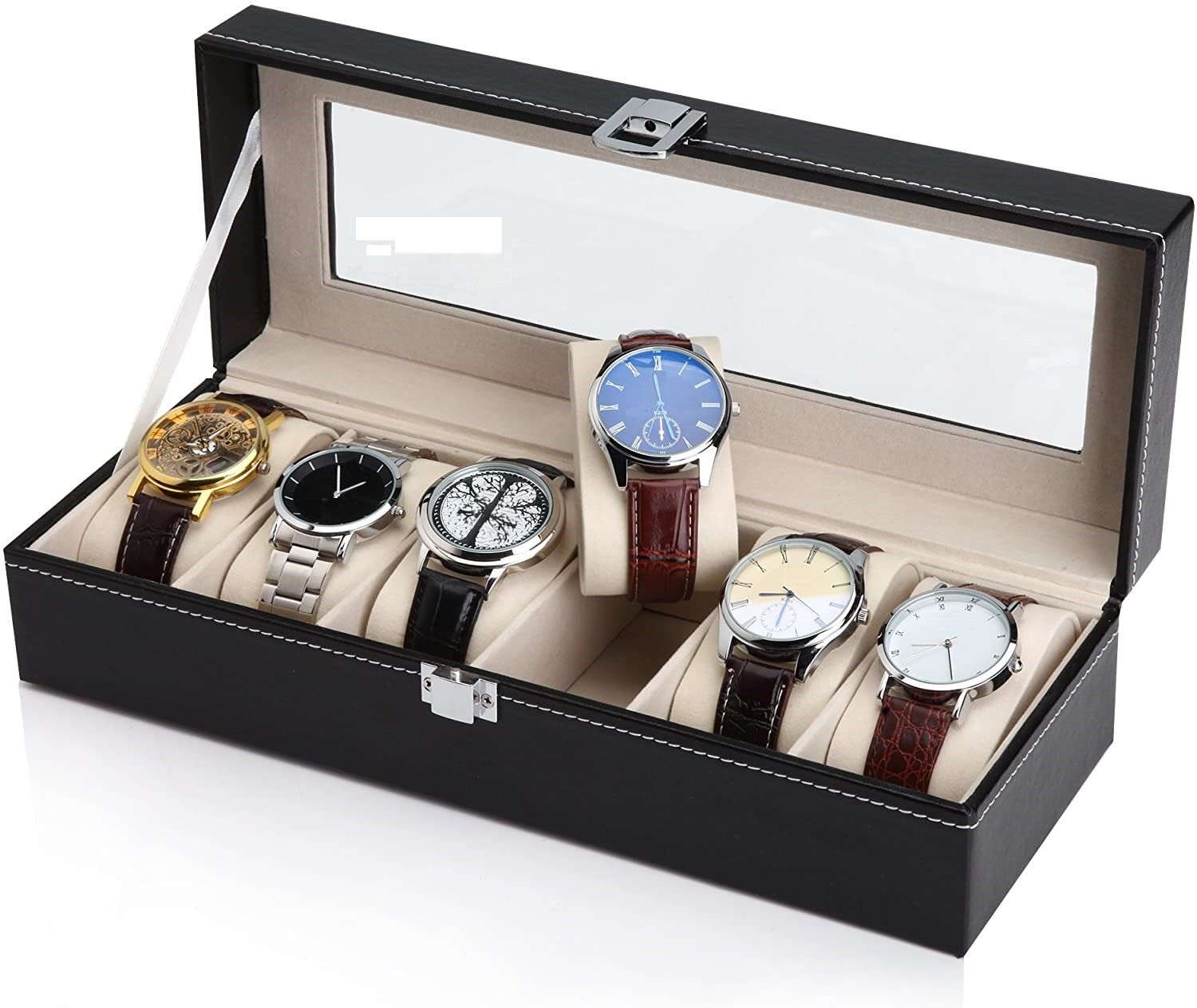 Black PU Leather Watch Organizer Display Storage Box Cases for Men &amp; Women (6 slots)-Watch Accessories-PEROZ Accessories
