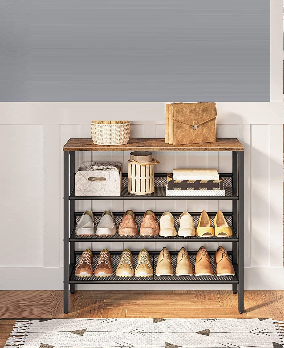 4-Tier Shoe Rack, Industrial Shoe Organizer Storage Bench-Furniture &gt; Living Room-PEROZ Accessories