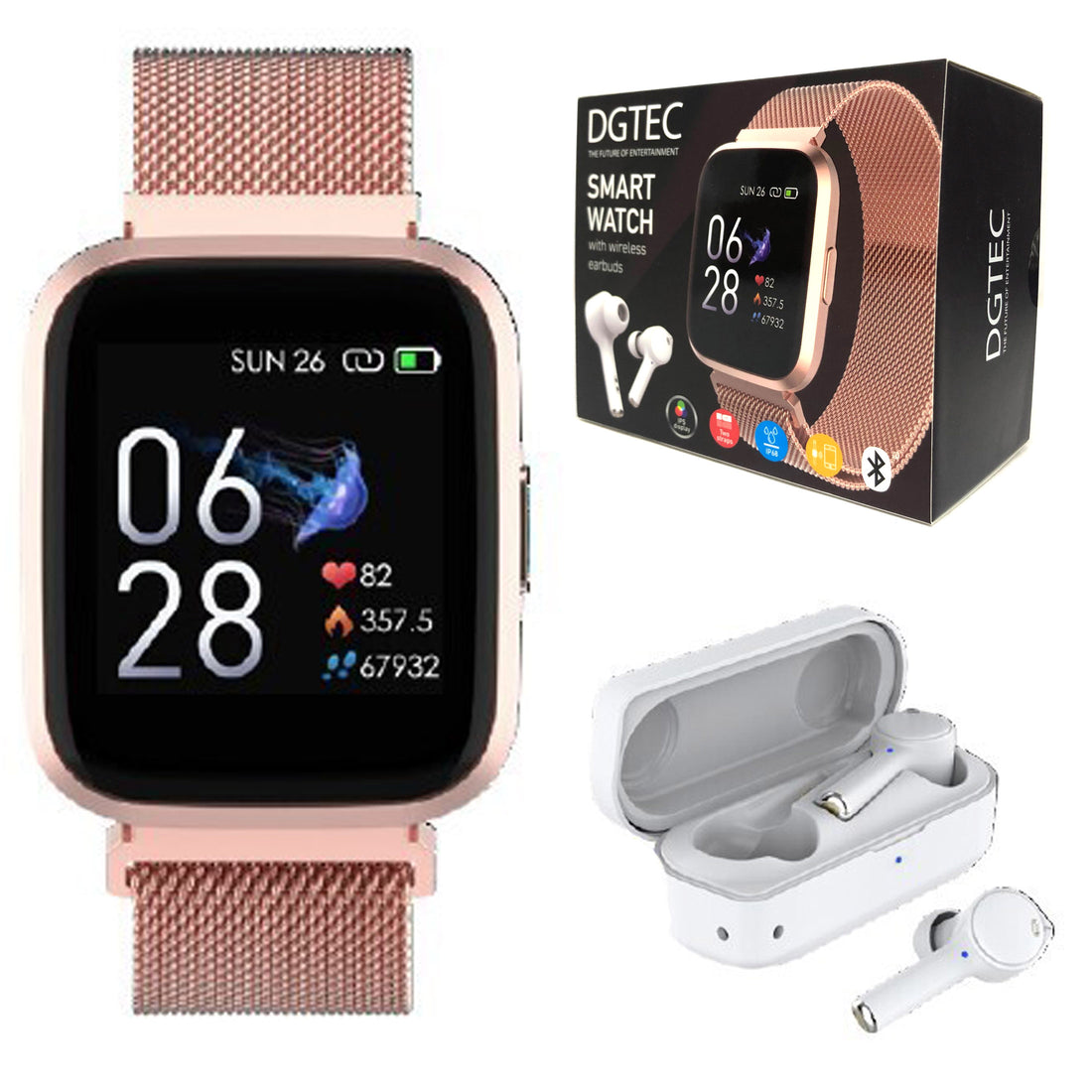 DGTEC 1.4&quot; IPS Rose Gold Smart Fitness Watch with Wireless Earbuds Bundle-Smart Watches-PEROZ Accessories