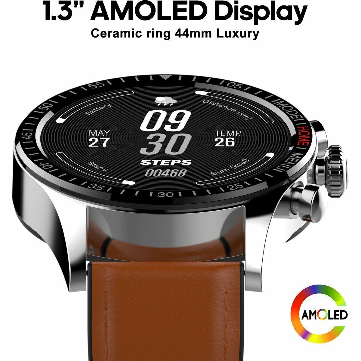 New AMOLED Touch Display Sport Smart Watch 44mm 1.3&quot; HitFit Brown IP68-Smart Watches-PEROZ Accessories
