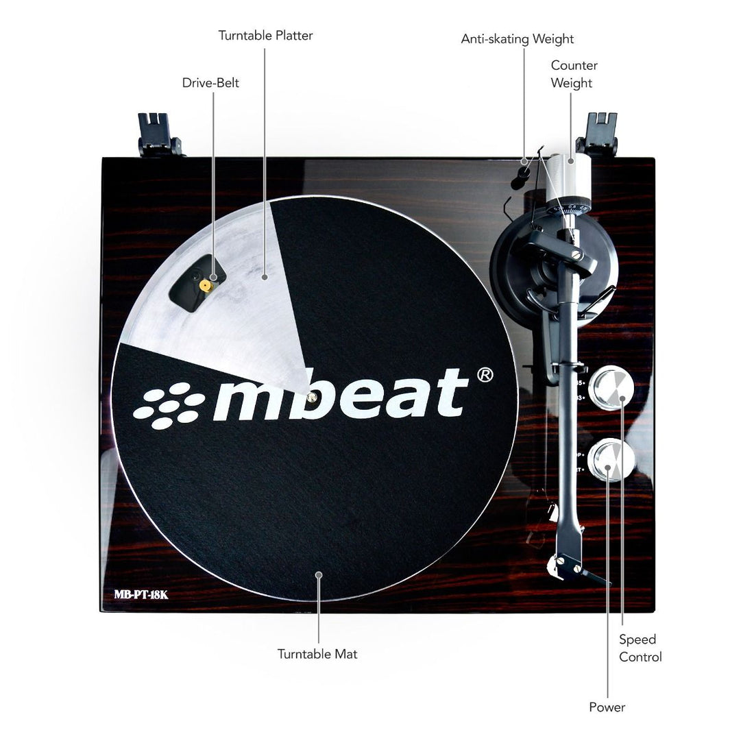 mbeat Hi-Fi Bluetooth Turntable (MMC, USB, Anti-skating, Preamplifier) - Macassar Ebony-Audio &amp; Video &gt; Speakers-PEROZ Accessories