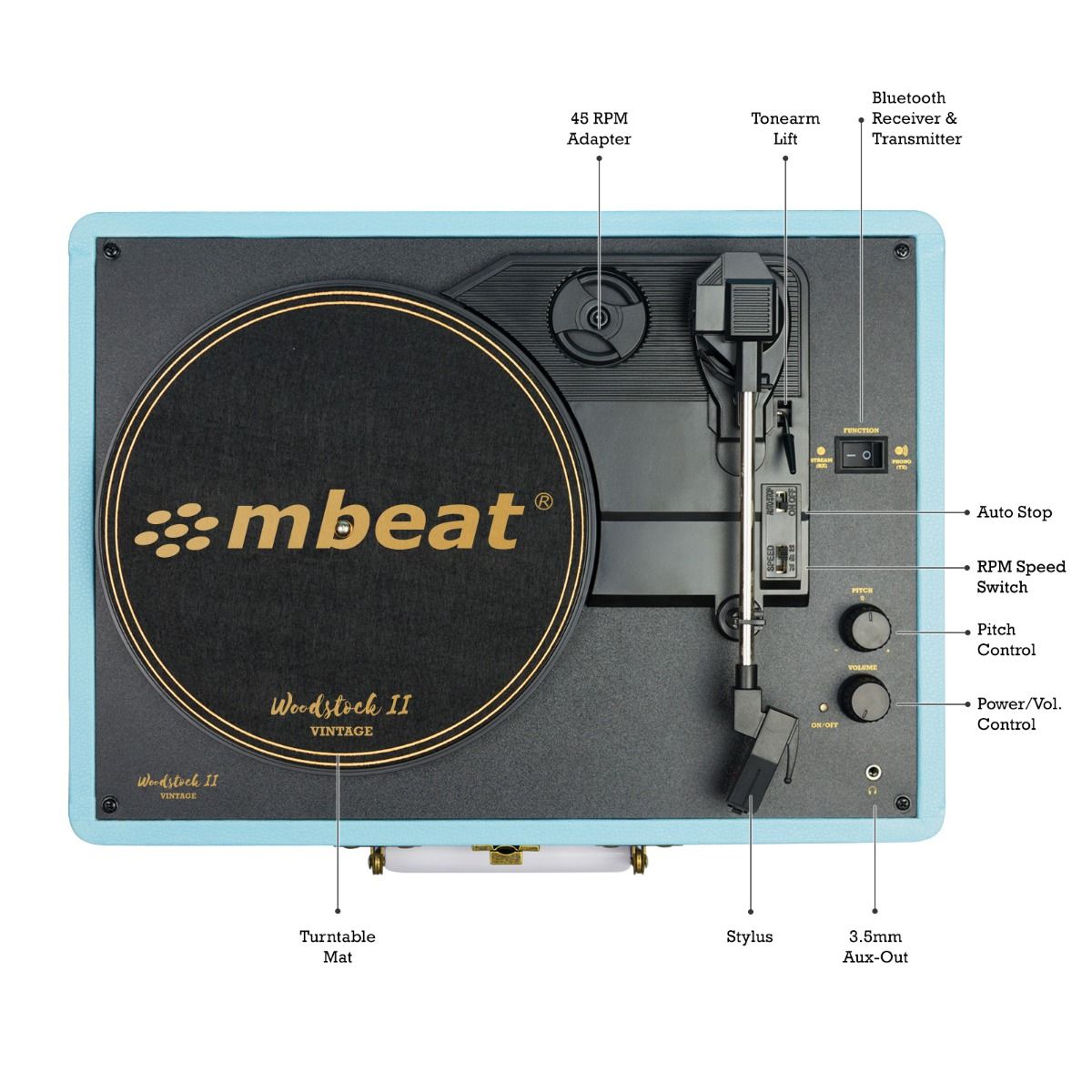 mbeat Woodstock II Sky Blue Retro Bluetooth (TX/RX) Turntable-Audio &amp; Video &gt; Musical Instrument &amp; Accessories-PEROZ Accessories