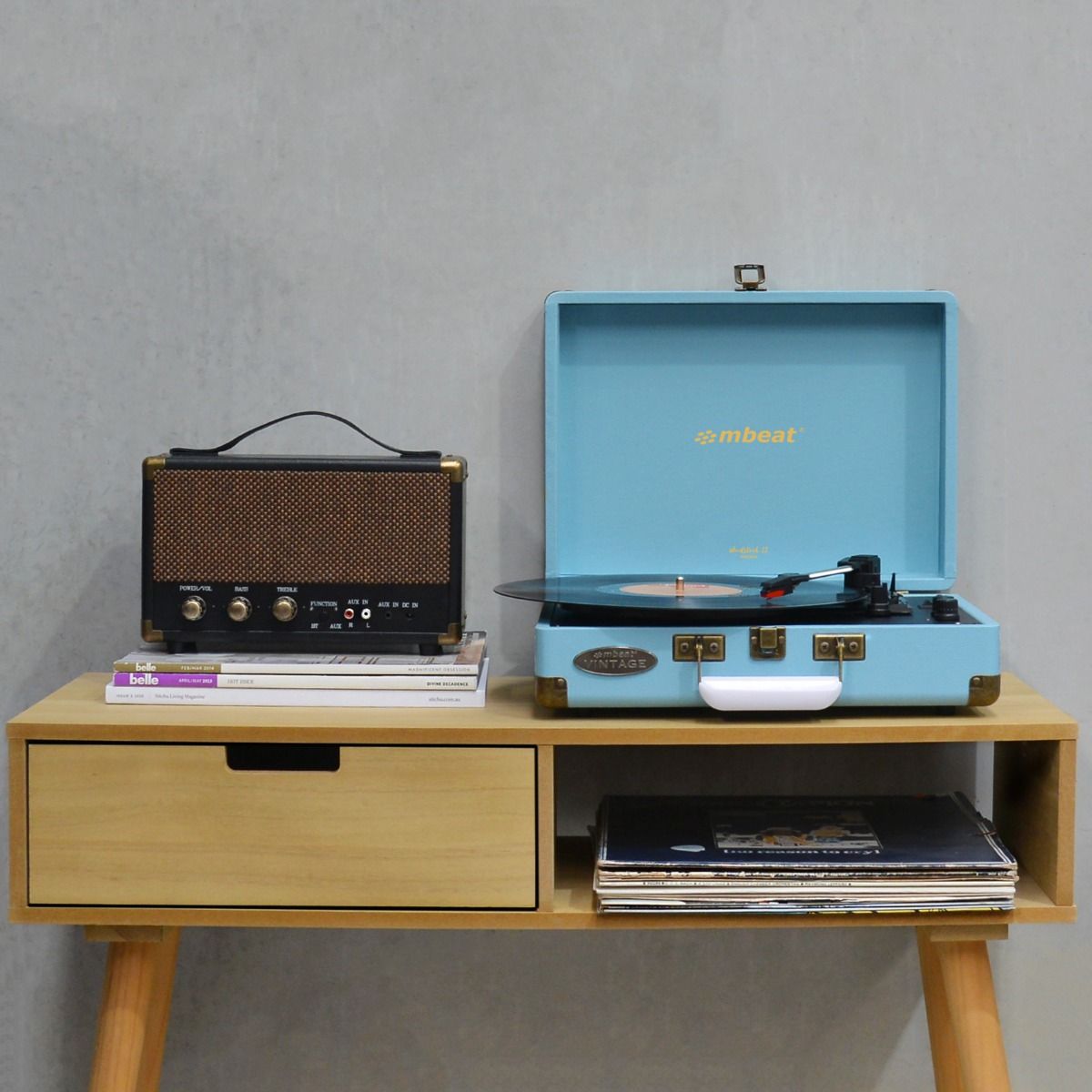 mbeat Woodstock II Sky Blue Retro Bluetooth (TX/RX) Turntable-Audio &amp; Video &gt; Musical Instrument &amp; Accessories-PEROZ Accessories