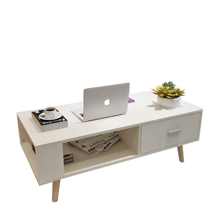 White Coffee Table Storage Drawer &amp; Open Shelf With Wooden Legs-Furniture &gt; Living Room-PEROZ Accessories