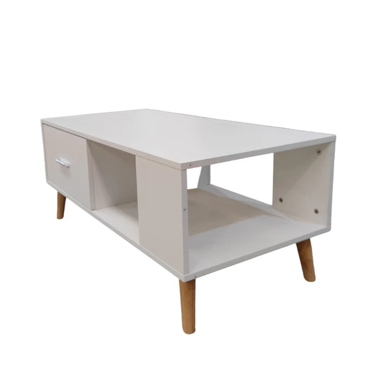 White Coffee Table Storage Drawer &amp; Open Shelf With Wooden Legs-Furniture &gt; Living Room-PEROZ Accessories