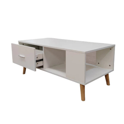 White Coffee Table Storage Drawer &amp; Open Shelf With Wooden Legs-Furniture &gt; Living Room-PEROZ Accessories