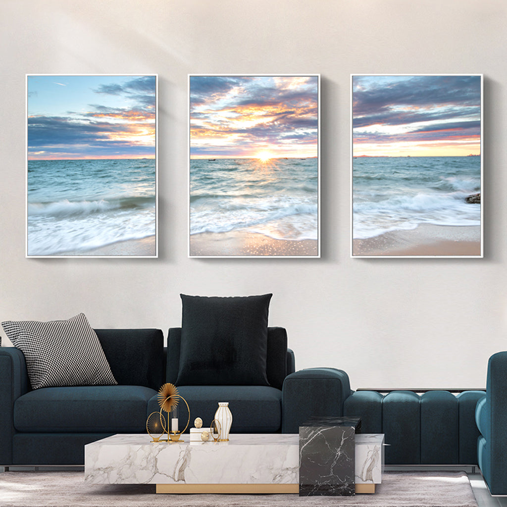 40cmx60cm Sunrise by the ocean 3 Sets White Frame Canvas Wall Art-Home &amp; Garden &gt; Wall Art-PEROZ Accessories