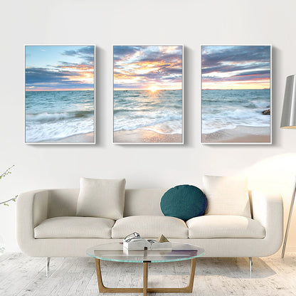 40cmx60cm Sunrise by the ocean 3 Sets White Frame Canvas Wall Art-Home &amp; Garden &gt; Wall Art-PEROZ Accessories