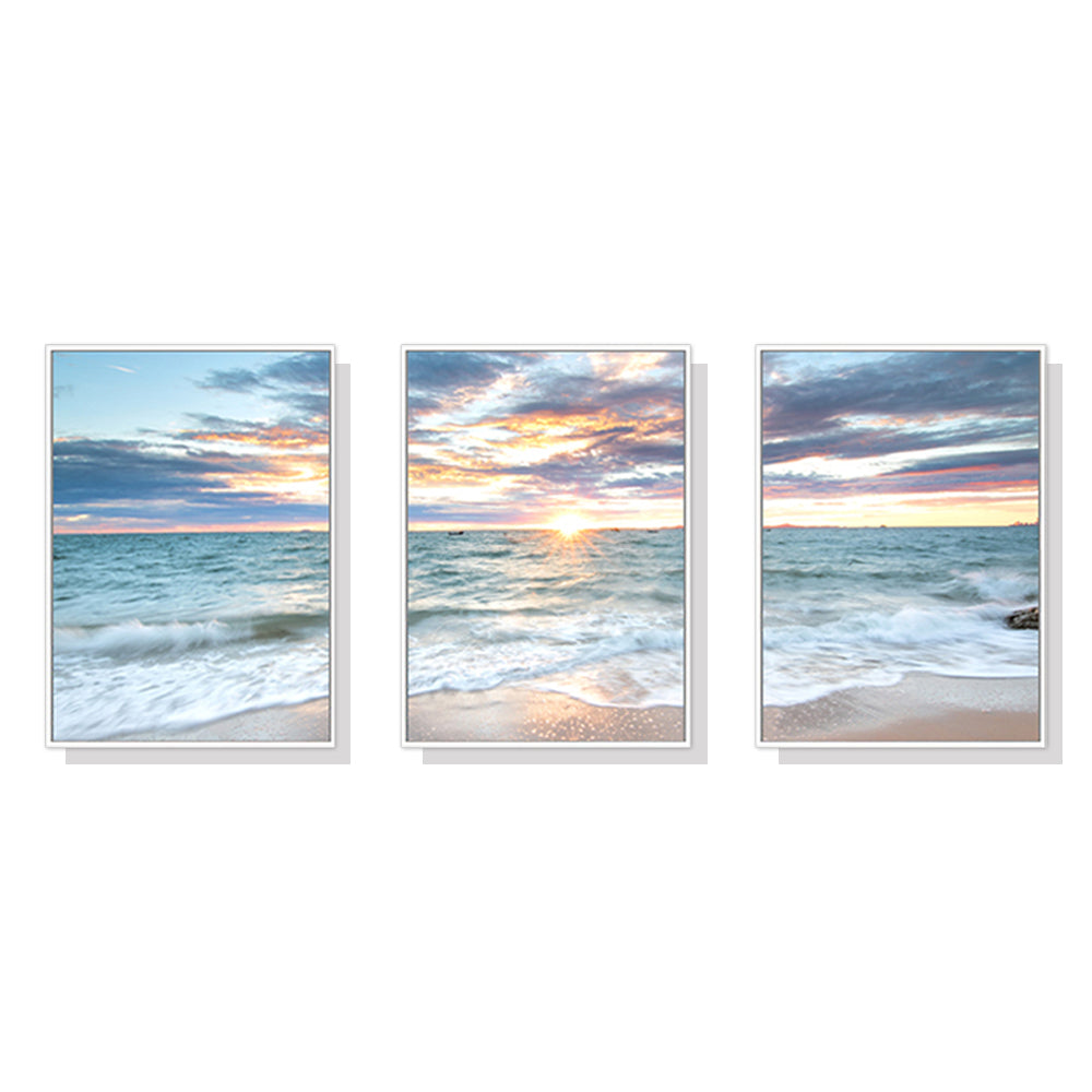 60cmx90cm Sunrise by the ocean 3 Sets White Frame Canvas Wall Art-Home &amp; Garden &gt; Wall Art-PEROZ Accessories