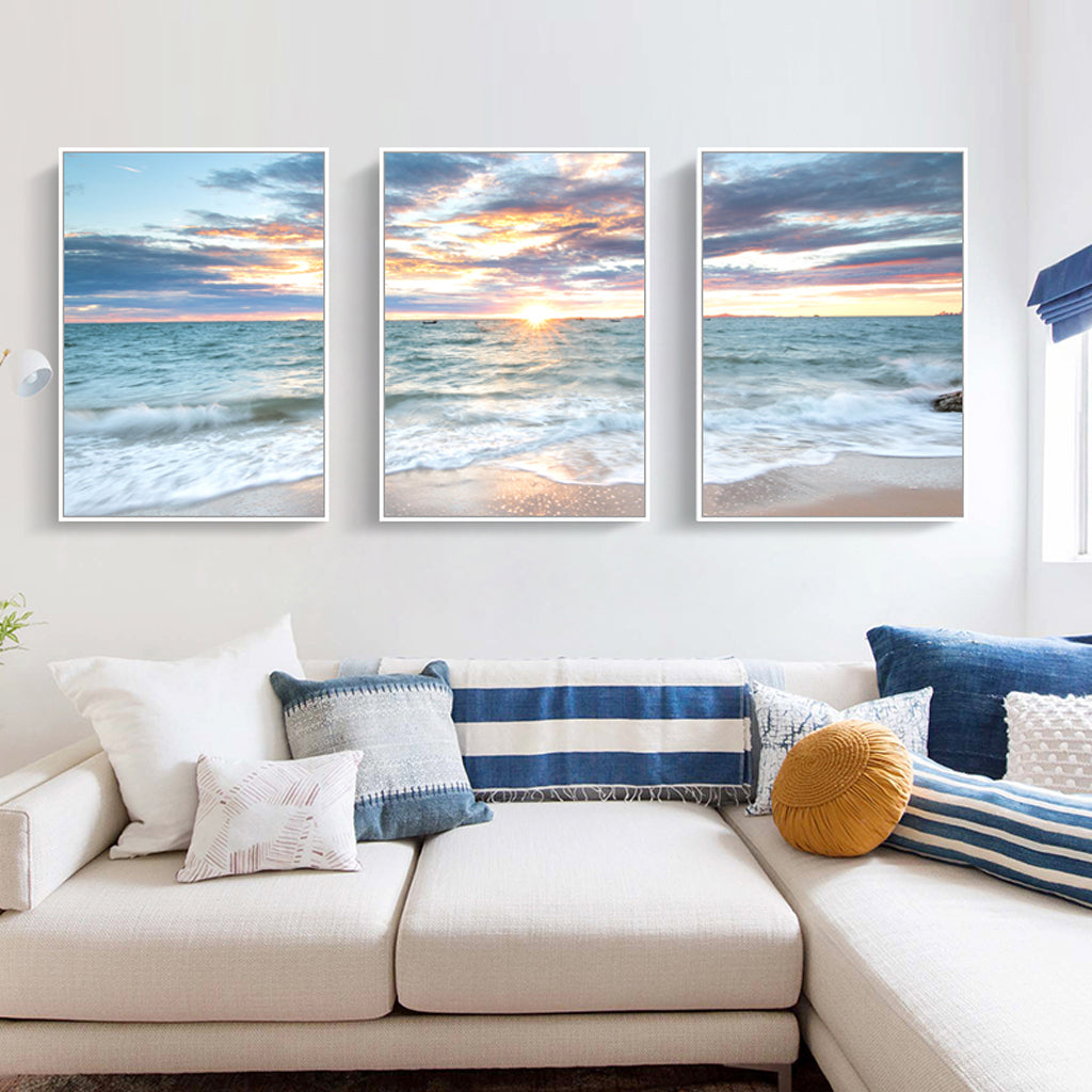 60cmx90cm Sunrise by the ocean 3 Sets White Frame Canvas Wall Art-Home &amp; Garden &gt; Wall Art-PEROZ Accessories