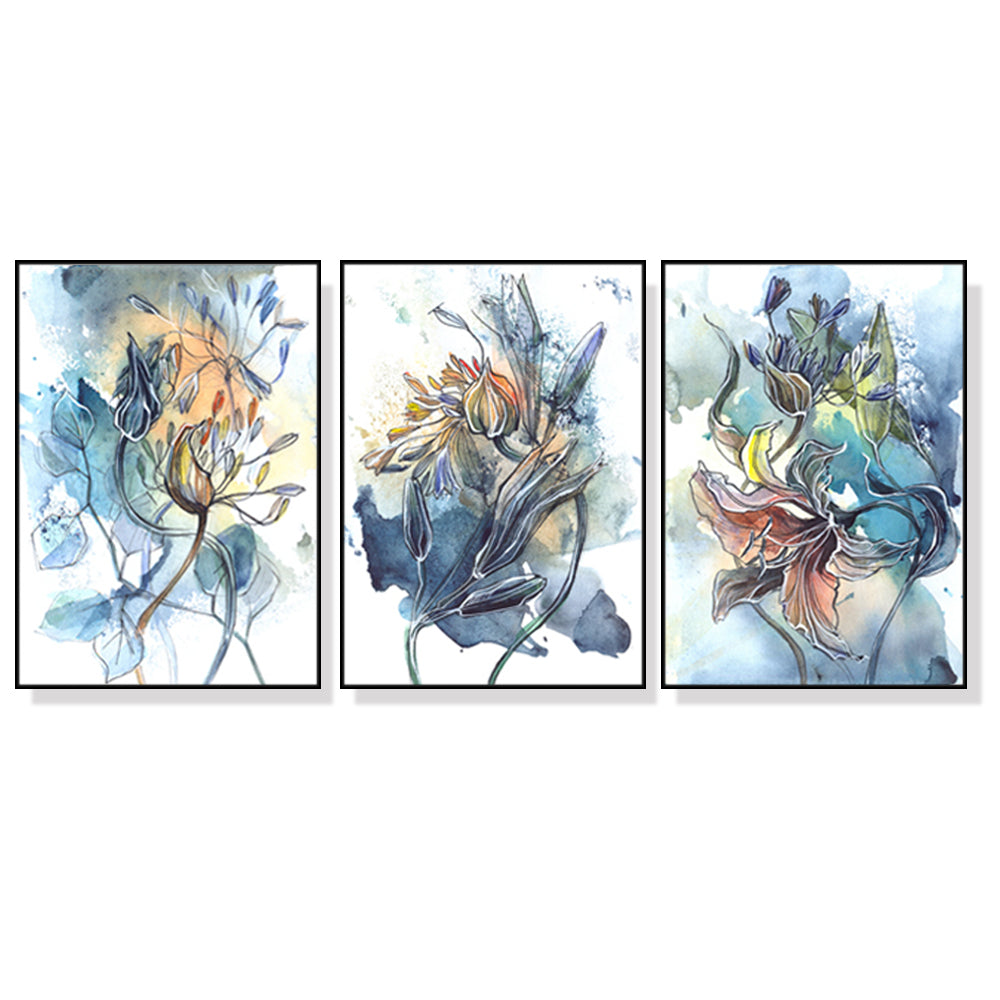 40cmx60cm Watercolor Style Abstract Flower 3 Sets Black Frame Canvas Wall Art-Home &amp; Garden &gt; Wall Art-PEROZ Accessories