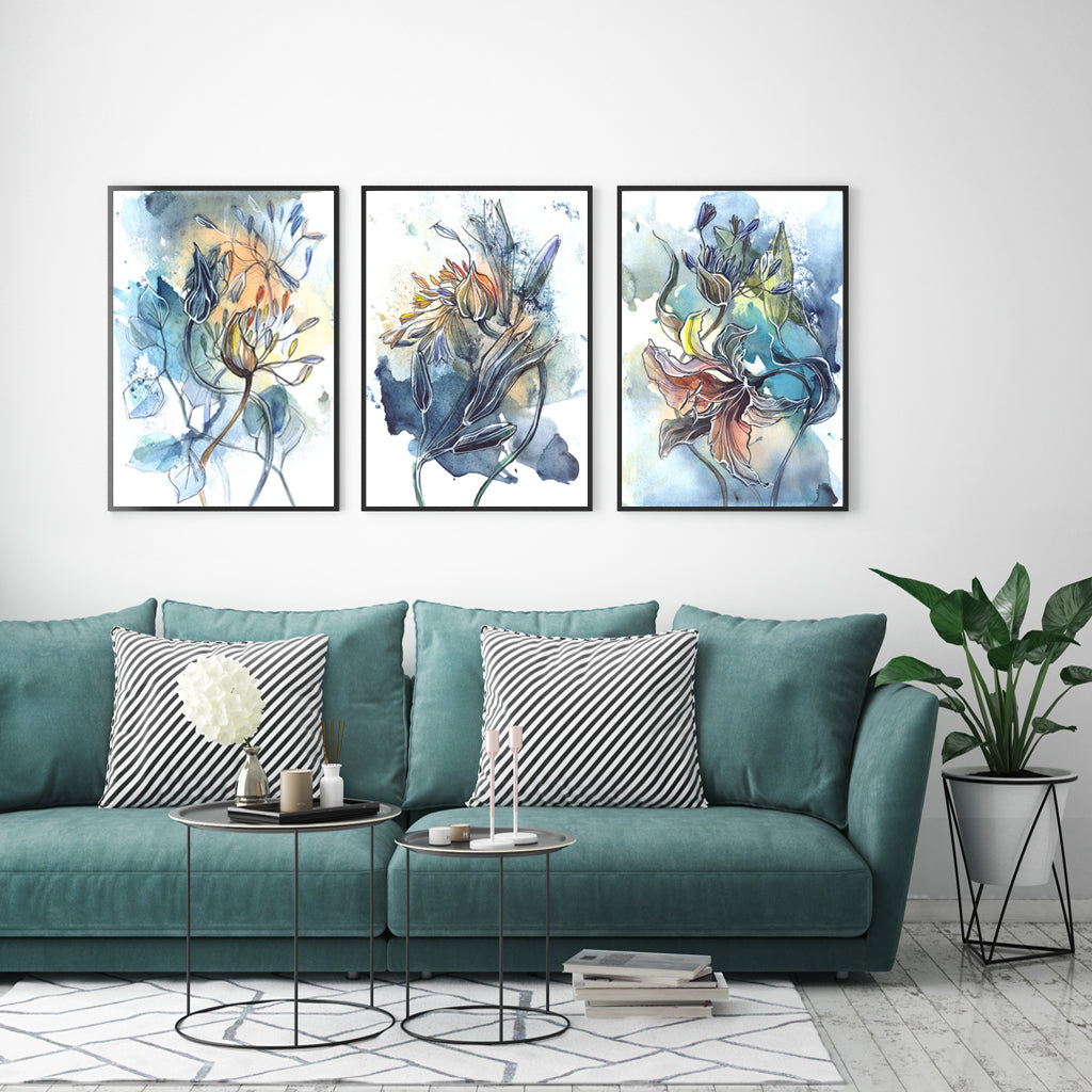 60cmx90cm Watercolor Style Abstract Flower 3 Sets Black Frame Canvas Wall Art-Home & Garden > Wall Art-PEROZ Accessories