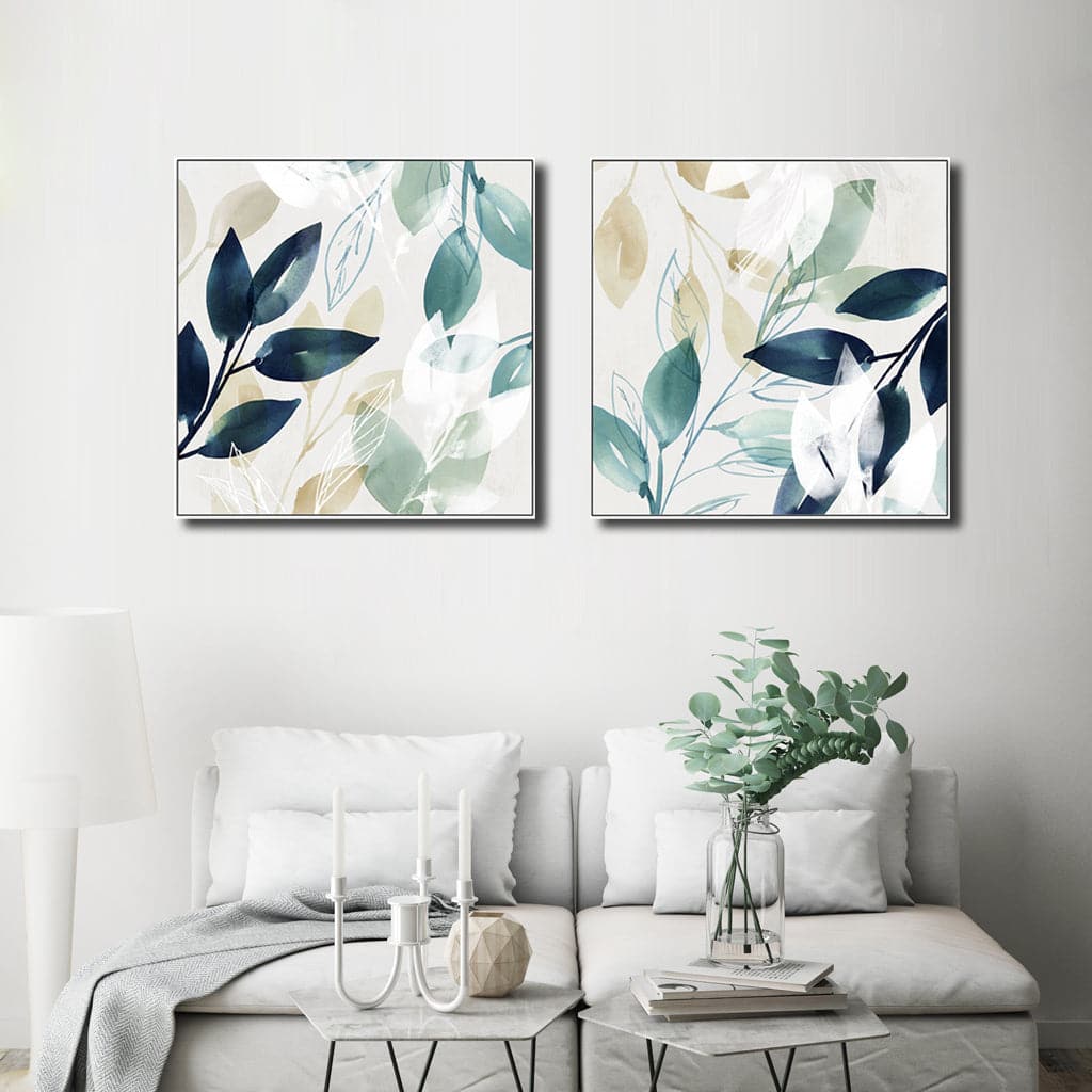 60cmx60cm Watercolour style leaves 2 Sets White Frame Canvas Wall Art-Home &amp; Garden &gt; Wall Art-PEROZ Accessories