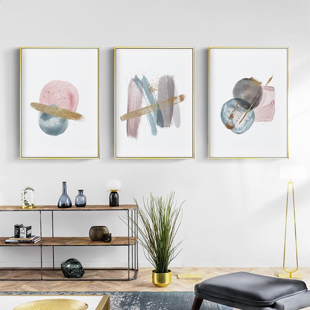 60cmx90cm Blush Pink Watercolor 3 Sets Gold Frame Canvas Wall Art-Home &amp; Garden &gt; Wall Art-PEROZ Accessories
