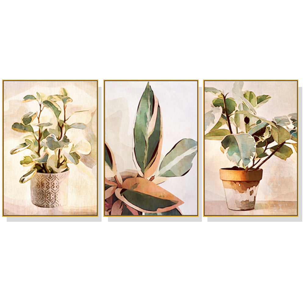 50cmx70cm Botanical Leaves Watercolor Style 3 Sets Gold Frame Canvas Wall Art-Home &amp; Garden &gt; Wall Art-PEROZ Accessories