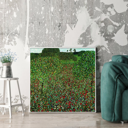 60cmx60cm Field of Poppies by Gustav Klimt White Frame Canvas Wall Art-Home &amp; Garden &gt; Wall Art-PEROZ Accessories