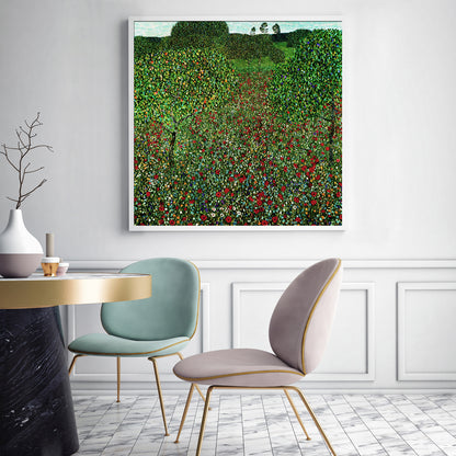 60cmx60cm Field of Poppies by Gustav Klimt White Frame Canvas Wall Art-Home &amp; Garden &gt; Wall Art-PEROZ Accessories