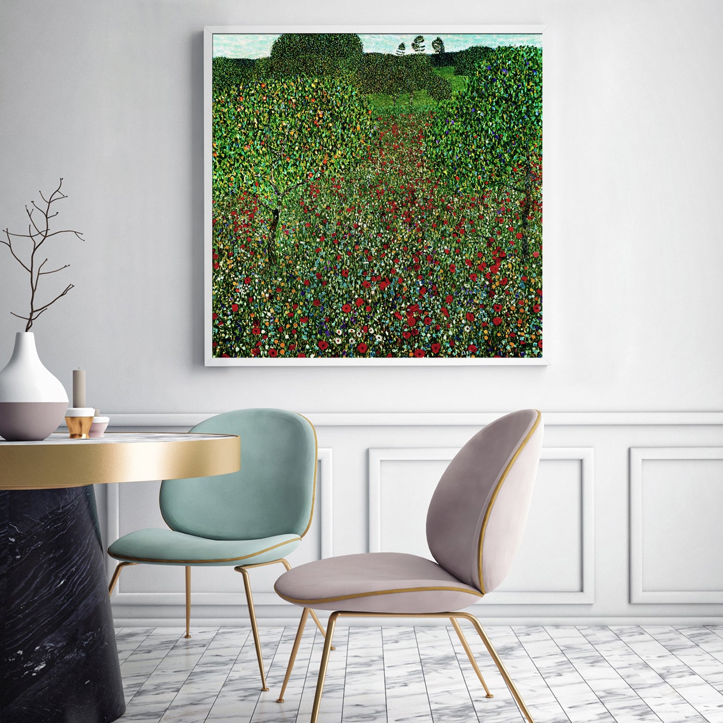 70cmx70cm Field of Poppies by Gustav Klimt White Frame Canvas Wall Art-Home &amp; Garden &gt; Wall Art-PEROZ Accessories