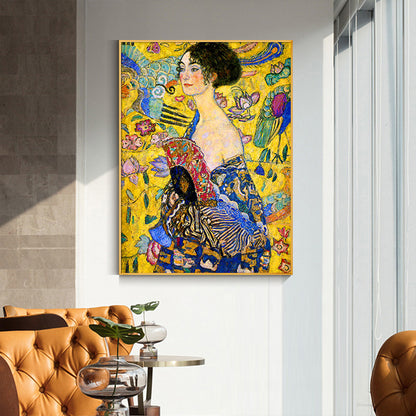 70cmx100cm Lady With A fan By Klimt Gold Frame Canvas Wall Art-Home &amp; Garden &gt; Wall Art-PEROZ Accessories