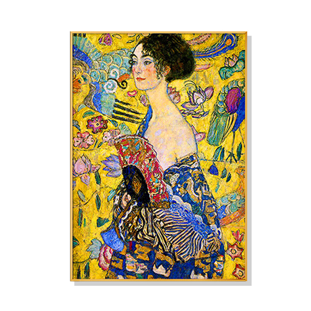 80cmx120cm Lady With A fan By Klimt Gold Frame Canvas Wall Art-Home &amp; Garden &gt; Wall Art-PEROZ Accessories
