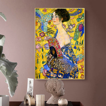 80cmx120cm Lady With A fan By Klimt Gold Frame Canvas Wall Art-Home &amp; Garden &gt; Wall Art-PEROZ Accessories
