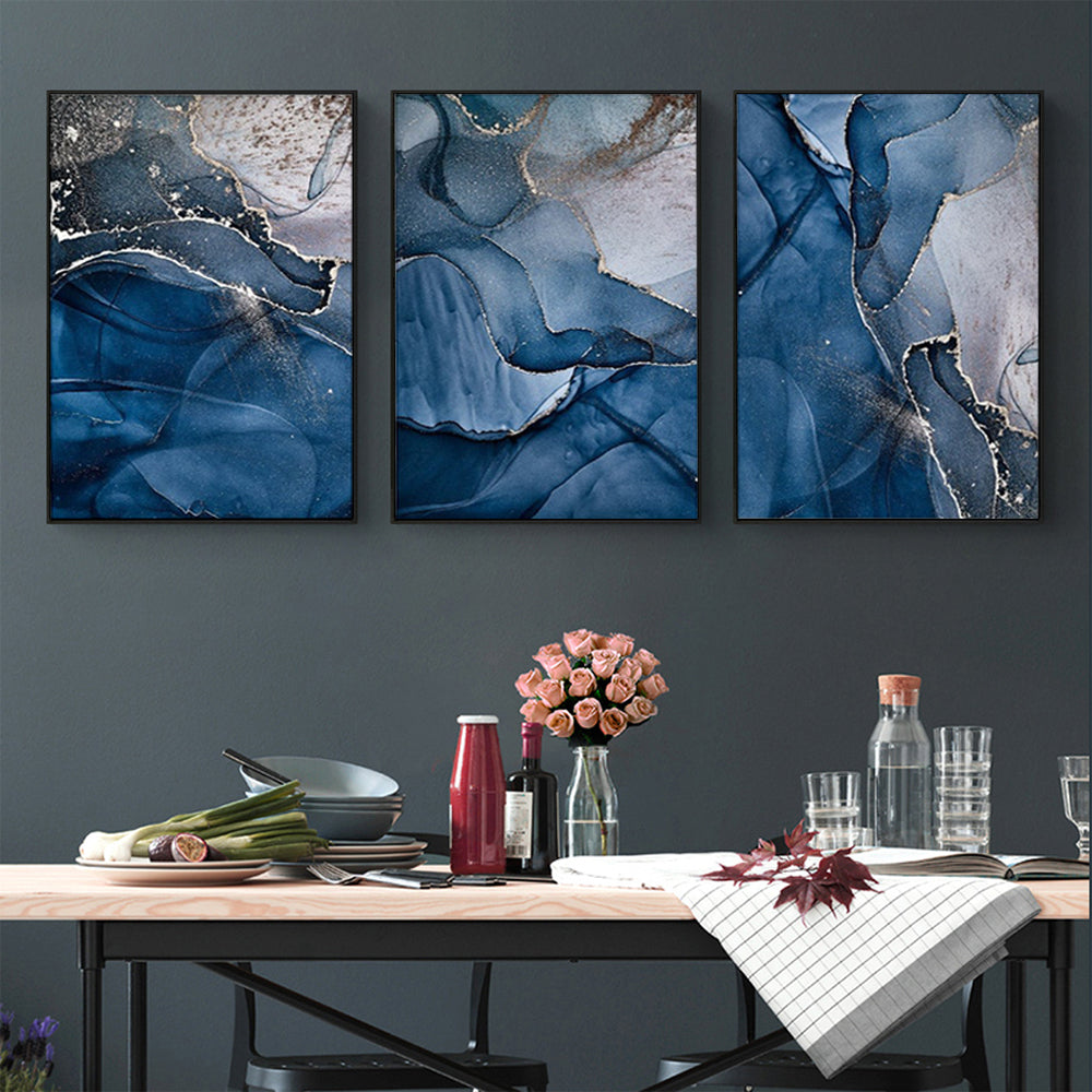 40cmx60cm Blue Gold Marble 3 Sets Black Frame Canvas Wall Art-Home &amp; Garden &gt; Wall Art-PEROZ Accessories