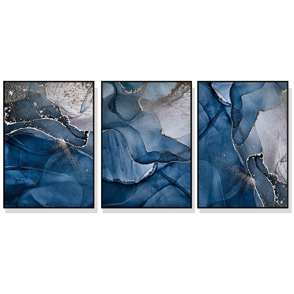 60cmx90cm Blue Gold Marble 3 Sets Black Frame Canvas Wall Art-Home &amp; Garden &gt; Wall Art-PEROZ Accessories