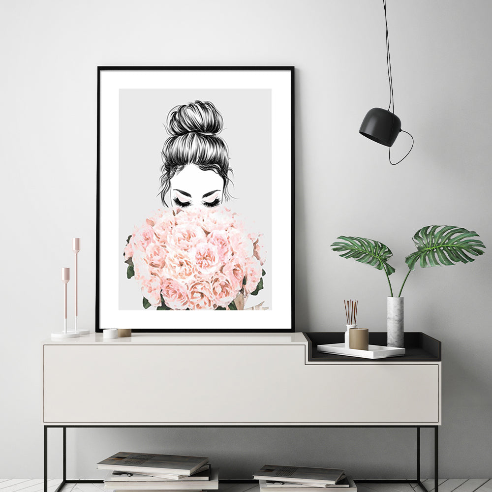70cmx100cm Roses Girl Black Frame Canvas Wall Art-Home &amp; Garden &gt; Wall Art-PEROZ Accessories