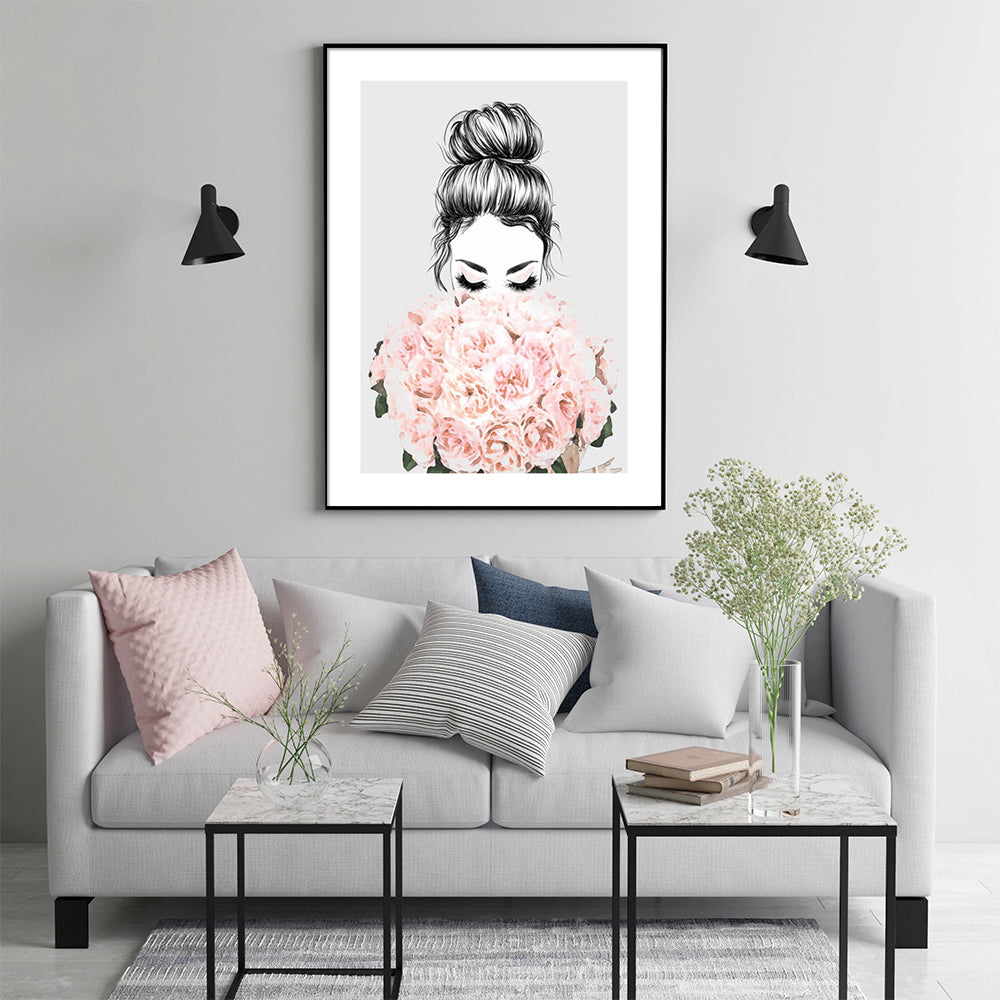 70cmx100cm Roses Girl Black Frame Canvas Wall Art-Home &amp; Garden &gt; Wall Art-PEROZ Accessories