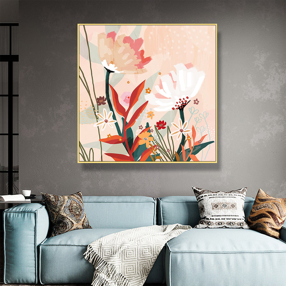 60cmx60cm Native Floral Gold Frame Canvas Wall Art-Home &amp; Garden &gt; Wall Art-PEROZ Accessories