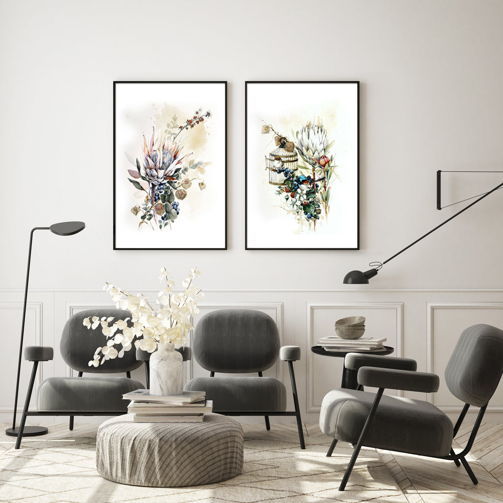 50cmx70cm Berries And Protea 2 Sets Black Frame Canvas Wall Art-Home &amp; Garden &gt; Wall Art-PEROZ Accessories