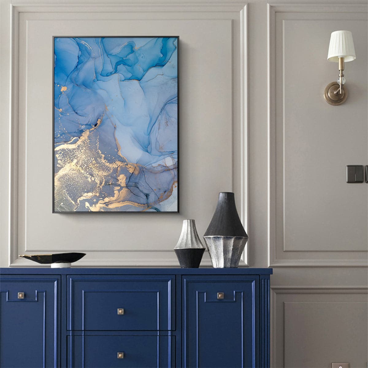 60cmx90cm Light Blue Marble With Gold Splash Black Frame Canvas Wall Art-Home &amp; Garden &gt; Wall Art-PEROZ Accessories