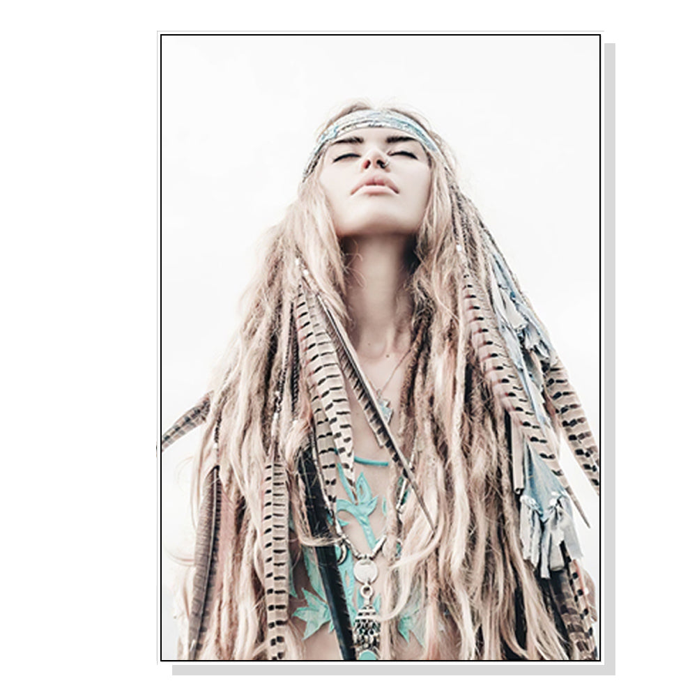 70cmx100cm BOHO Girl White Frame Canvas Wall Art-Home &amp; Garden &gt; Wall Art-PEROZ Accessories