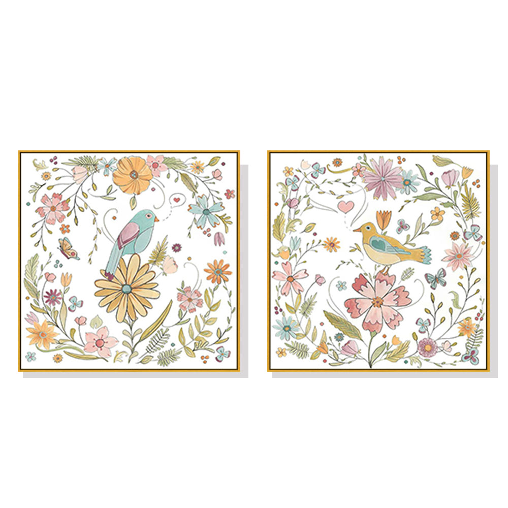 70cmx70cm Floral birds 2 Sets Gold Frame Canvas Wall Art-Home &amp; Garden &gt; Wall Art-PEROZ Accessories