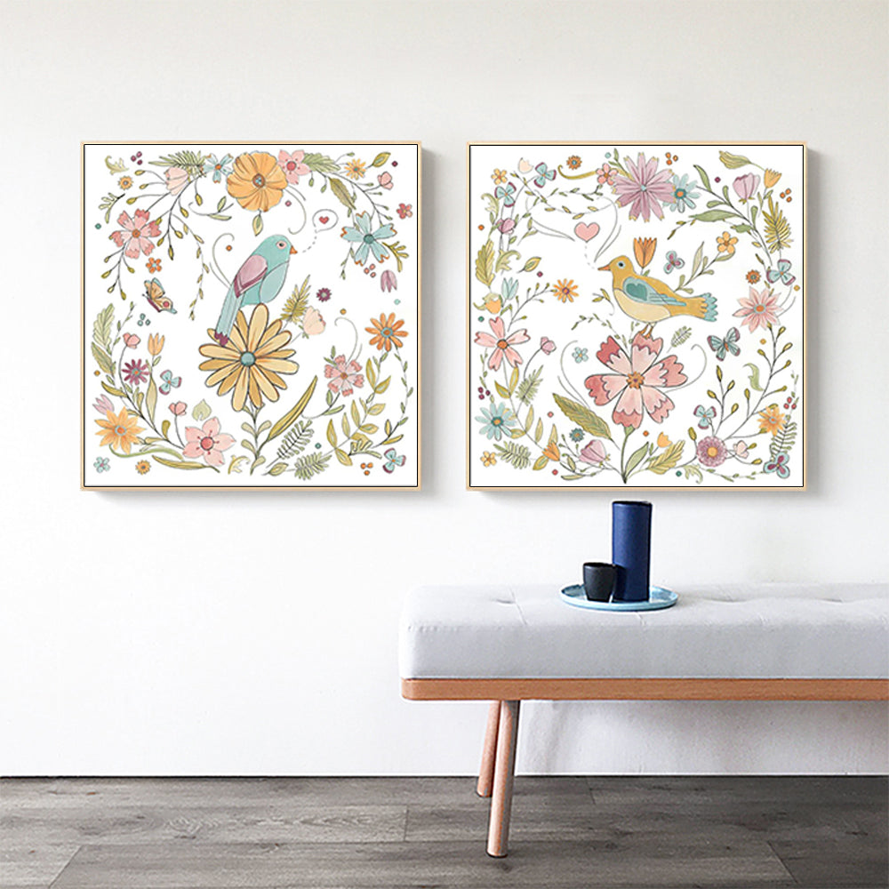 70cmx70cm Floral birds 2 Sets Gold Frame Canvas Wall Art-Home &amp; Garden &gt; Wall Art-PEROZ Accessories