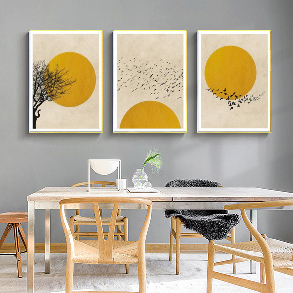 40cmx60cm Flock Of Birds Sun Silhouette 3 Sets Gold Frame Canvas Wall Art-Home &amp; Garden &gt; Wall Art-PEROZ Accessories
