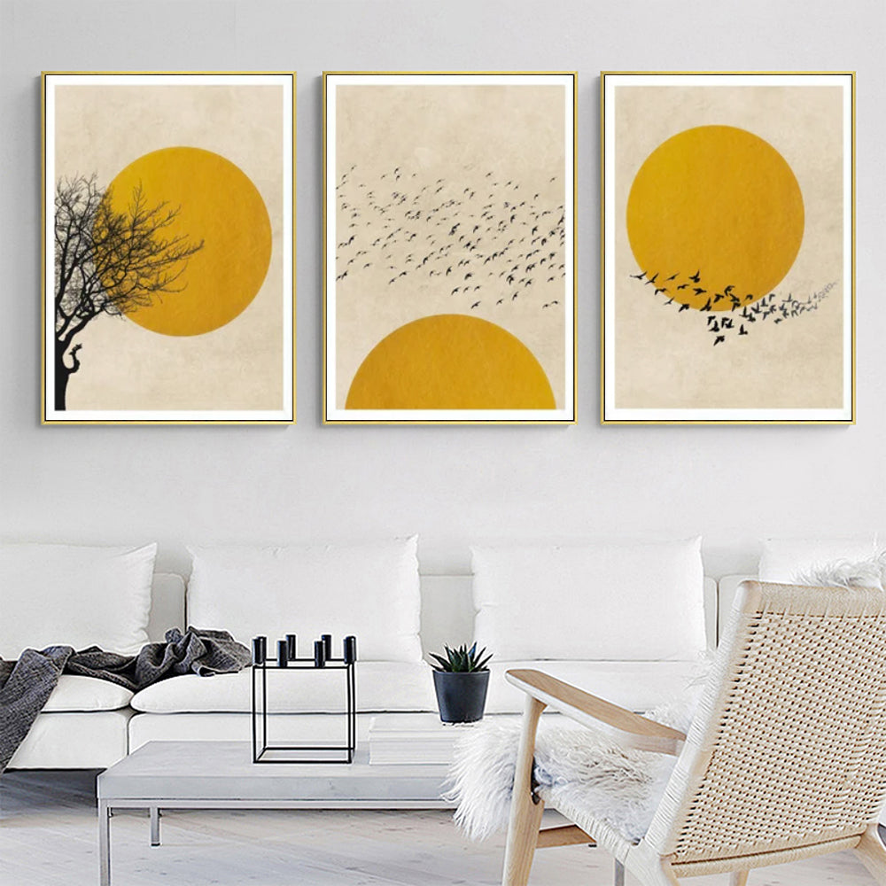 40cmx60cm Flock Of Birds Sun Silhouette 3 Sets Gold Frame Canvas Wall Art-Home &amp; Garden &gt; Wall Art-PEROZ Accessories