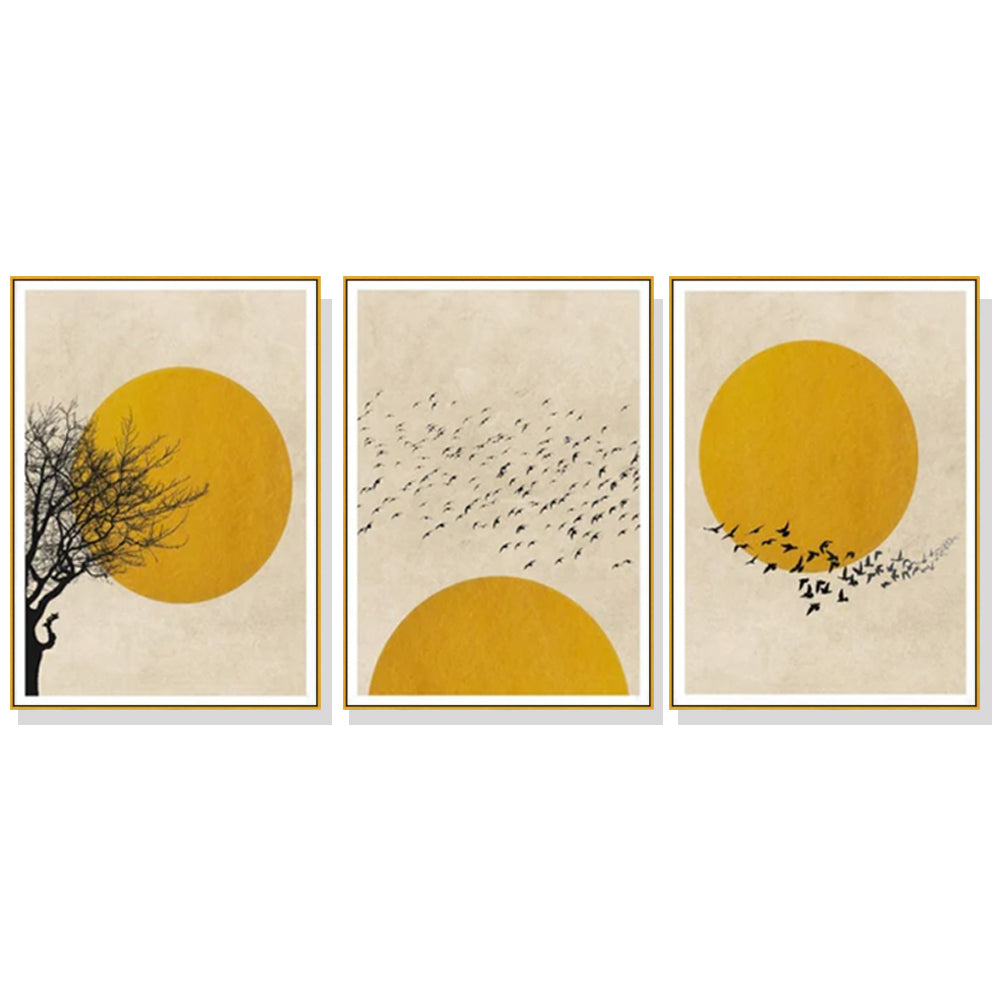 60cmx90cm Flock Of Birds Sun Silhouette 3 Sets Gold Frame Canvas Wall Art-Home &amp; Garden &gt; Wall Art-PEROZ Accessories