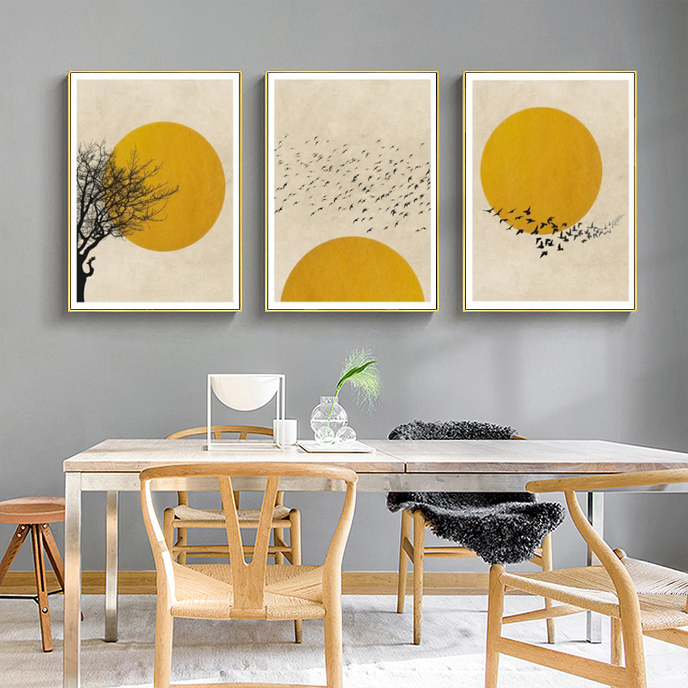 60cmx90cm Flock Of Birds Sun Silhouette 3 Sets Gold Frame Canvas Wall Art-Home &amp; Garden &gt; Wall Art-PEROZ Accessories
