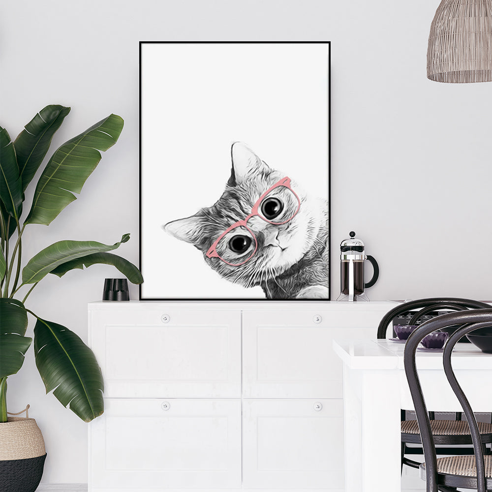 50cmx70cm Cat With Glasses Black Frame Canvas Wall Art-Home &amp; Garden &gt; Wall Art-PEROZ Accessories