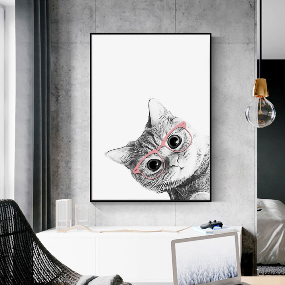 50cmx70cm Cat With Glasses Black Frame Canvas Wall Art-Home &amp; Garden &gt; Wall Art-PEROZ Accessories