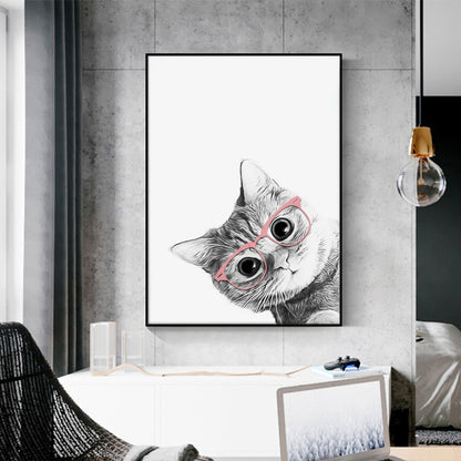 50cmx70cm Cat With Glasses Black Frame Canvas Wall Art-Home &amp; Garden &gt; Wall Art-PEROZ Accessories