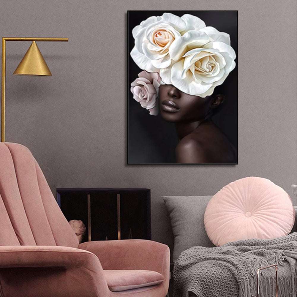 50cmx70cm Flower African Woman Black Frame Canvas Wall Art-Home &amp; Garden &gt; Wall Art-PEROZ Accessories