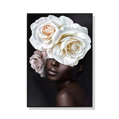 60cmx90cm Flower African Woman Black Frame Canvas Wall Art-Home &amp; Garden &gt; Wall Art-PEROZ Accessories