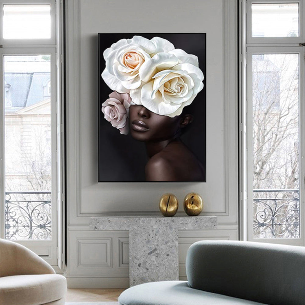 60cmx90cm Flower African Woman Black Frame Canvas Wall Art-Home &amp; Garden &gt; Wall Art-PEROZ Accessories