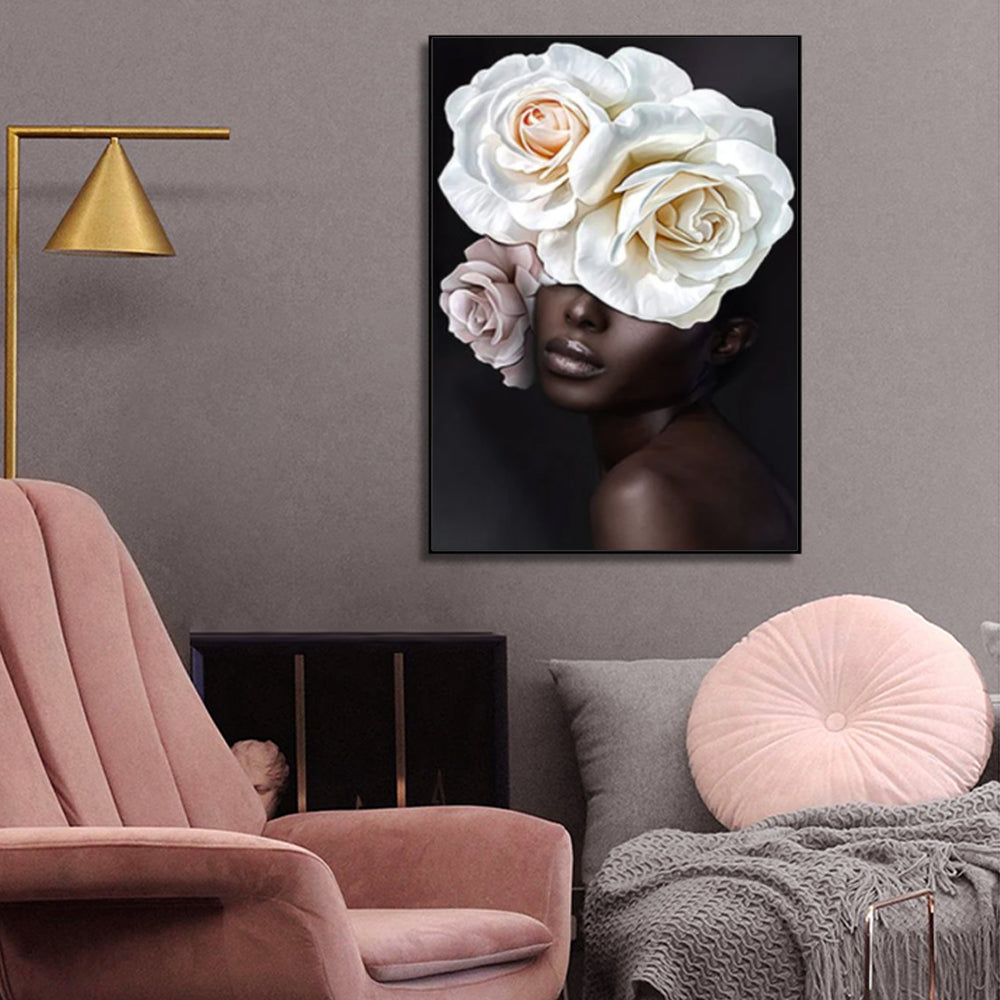 80cmx120cm Flower African Woman Black Frame Canvas Wall Art-Home &amp; Garden &gt; Wall Art-PEROZ Accessories