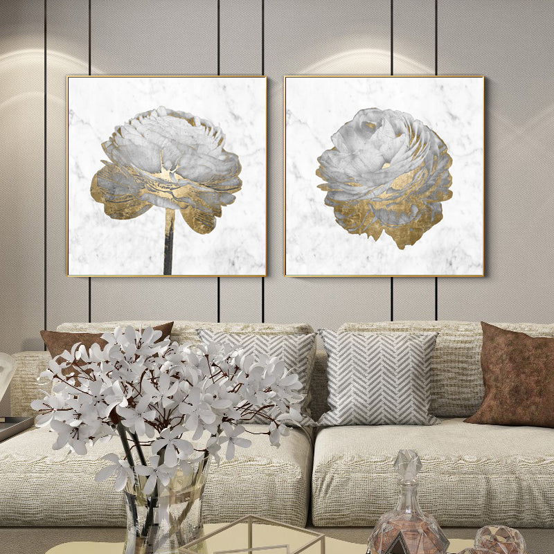50cmx50cm Gold And White Blossom On White 2 Sets Gold Frame Canvas Wall Art-Home &amp; Garden &gt; Wall Art-PEROZ Accessories